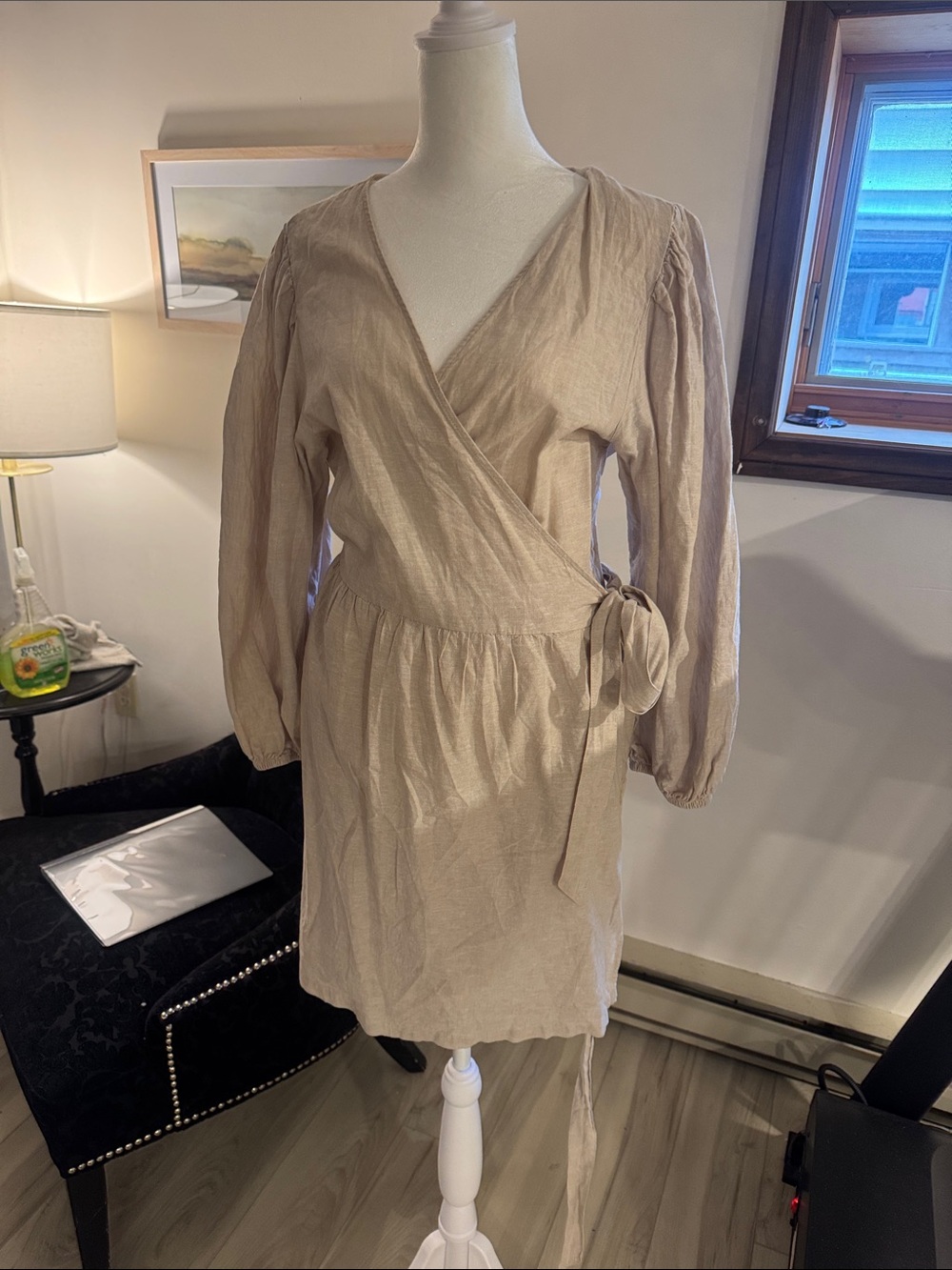 H&M Beige Long-Sleeve Wrap Dress with Tie Waist